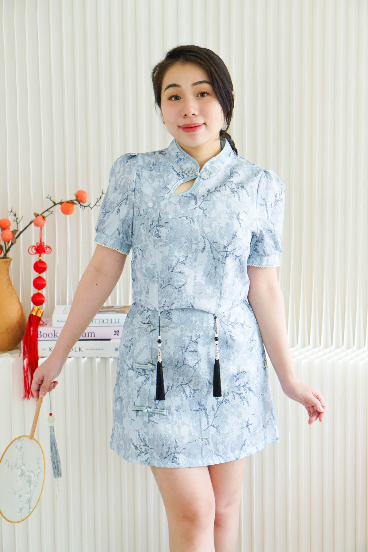 Ying Lin Cheongsam 2 Piece Set with Tassels in Blue