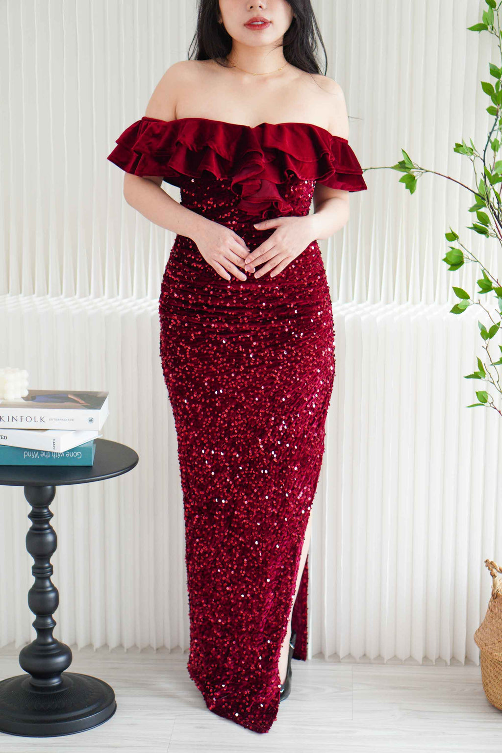 Queen Scarlet Off Shoulder Velvet Sequin Maxi Dress with Slit in Maroon