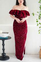 Queen Scarlet Off Shoulder Velvet Sequin Maxi Dress with Slit in Maroon