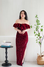 Queen Scarlet Off Shoulder Velvet Sequin Maxi Dress with Slit in Maroon