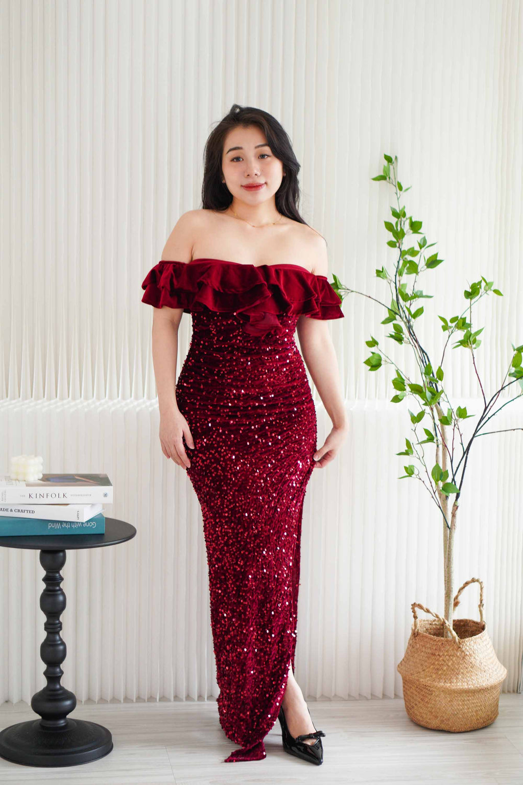 Queen Scarlet Off Shoulder Velvet Sequin Maxi Dress with Slit in Maroon