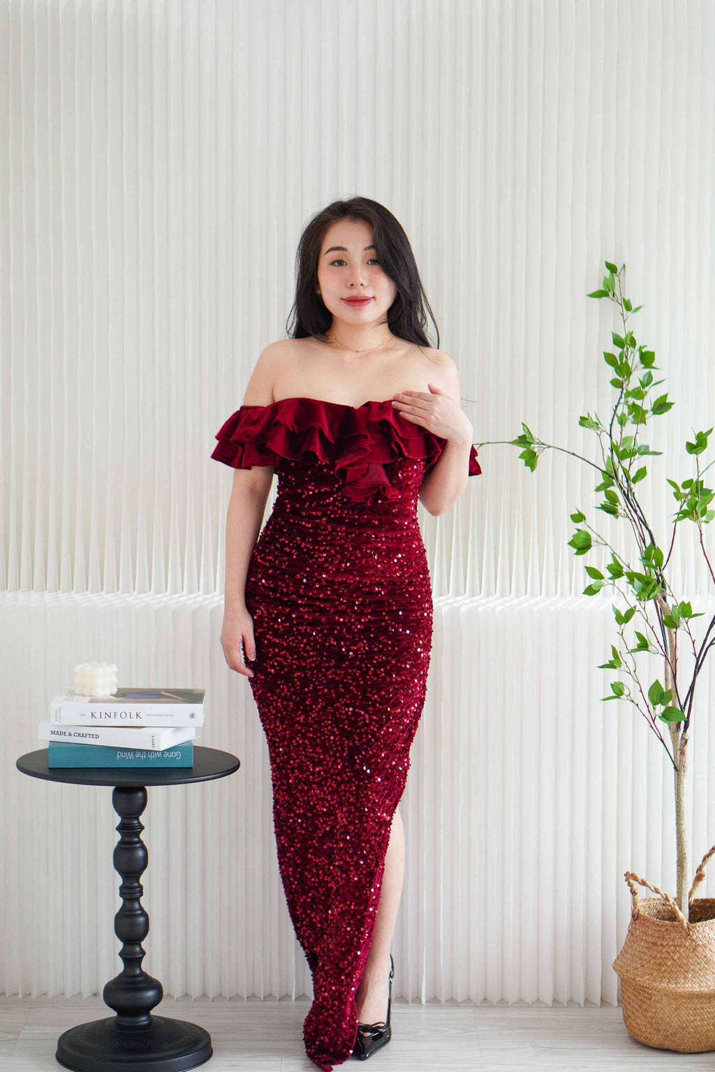 Queen Scarlet Off Shoulder Velvet Sequin Maxi Dress with Slit in Maroon