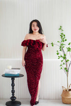 Queen Scarlet Off Shoulder Velvet Sequin Maxi Dress with Slit in Maroon