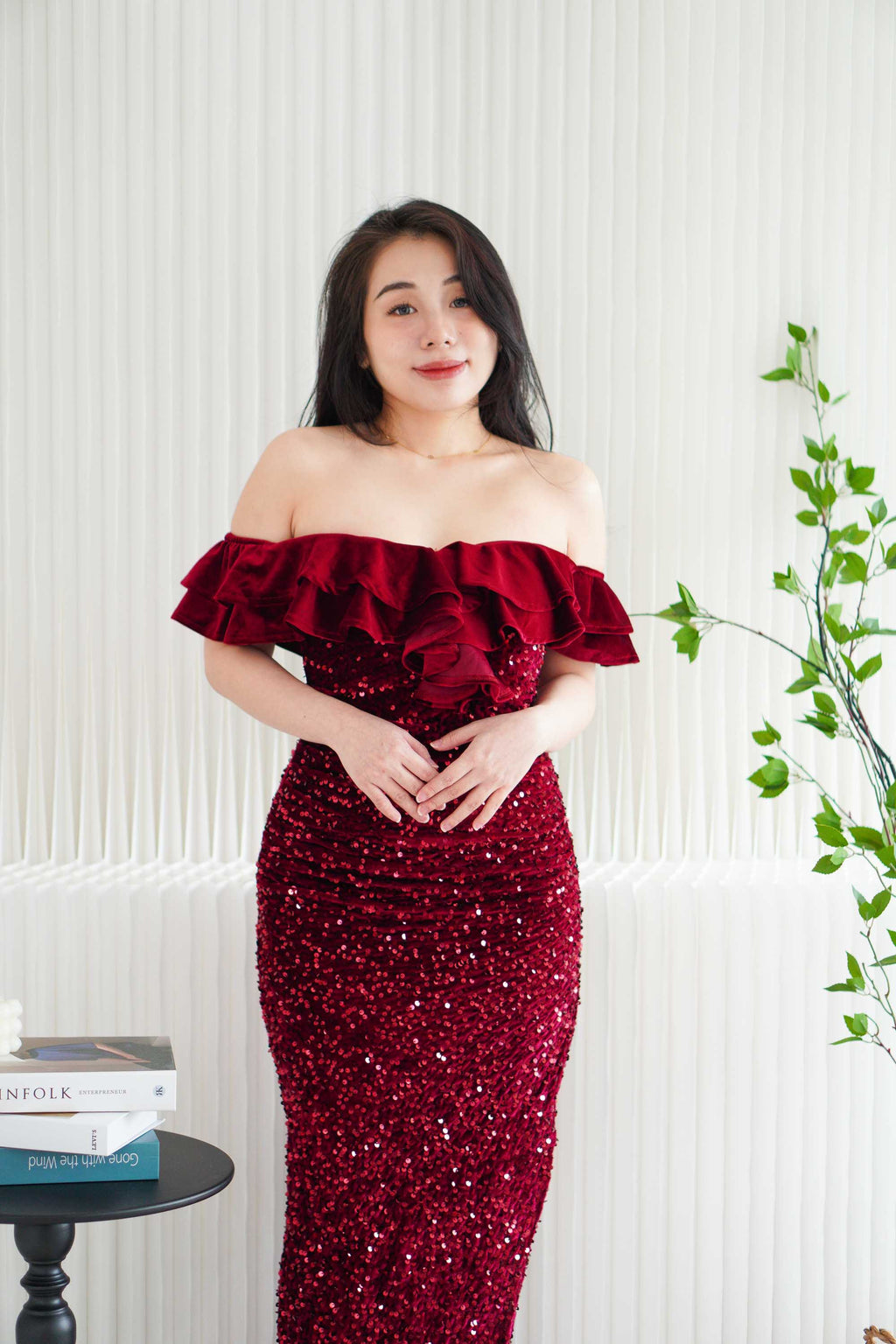Queen Scarlet Off Shoulder Velvet Sequin Maxi Dress with Slit in Maroon