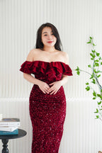 Queen Scarlet Off Shoulder Velvet Sequin Maxi Dress with Slit in Maroon