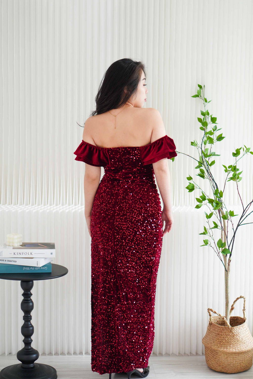 Queen Scarlet Off Shoulder Velvet Sequin Maxi Dress with Slit in Maroon