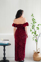 Queen Scarlet Off Shoulder Velvet Sequin Maxi Dress with Slit in Maroon