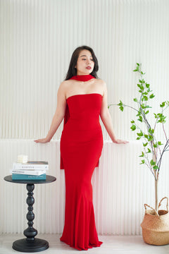 Xoe Tube Maxi Dress with Sash in Red