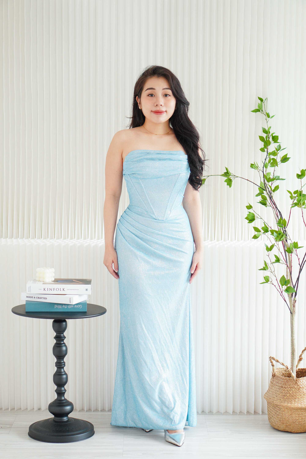 Ice Diamond Ruched Corset Glitter Maxi Dress in Blue