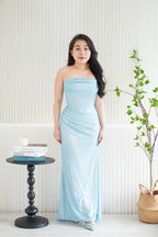 Ice Diamond Ruched Corset Glitter Maxi Dress in Blue