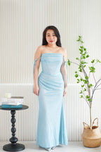Ice Diamond Ruched Corset Glitter Maxi Dress in Blue