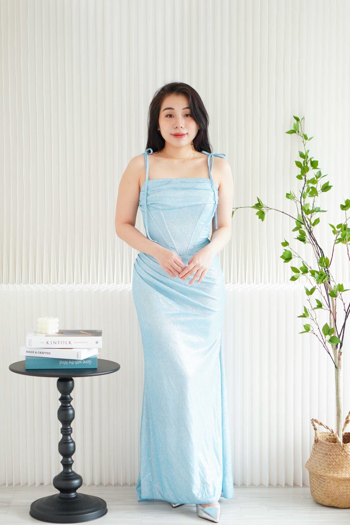 Ice Diamond Ruched Corset Glitter Maxi Dress in Blue