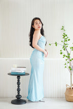 Ice Diamond Ruched Corset Glitter Maxi Dress in Blue