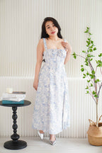 Misty Floral Corset Maxi A-Line Dress in Blue and White