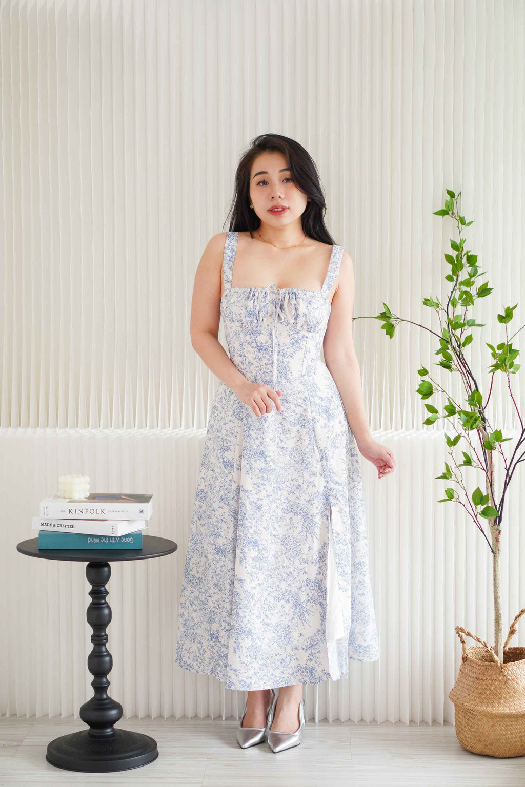 Misty Floral Corset Maxi A-Line Dress in Blue and White
