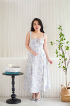 Misty Floral Corset Maxi A-Line Dress in Blue and White