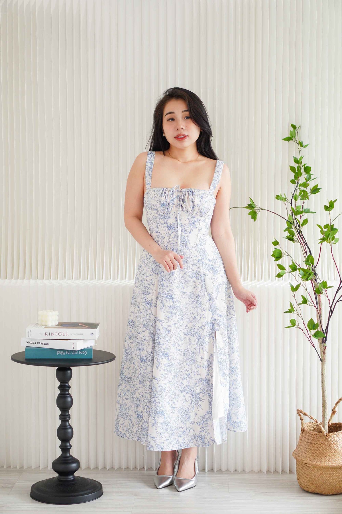 Misty Floral Corset Maxi A-Line Dress in Blue and White