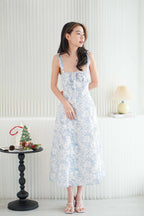 Misty Floral Corset Maxi A-Line Dress in Blue and White