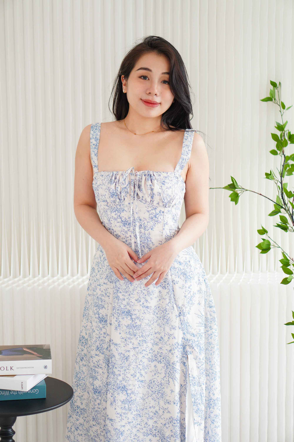 Misty Floral Corset Maxi A-Line Dress in Blue and White
