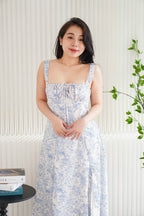 Misty Floral Corset Maxi A-Line Dress in Blue and White
