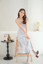 Misty Floral Corset Maxi A-Line Dress in Blue and White