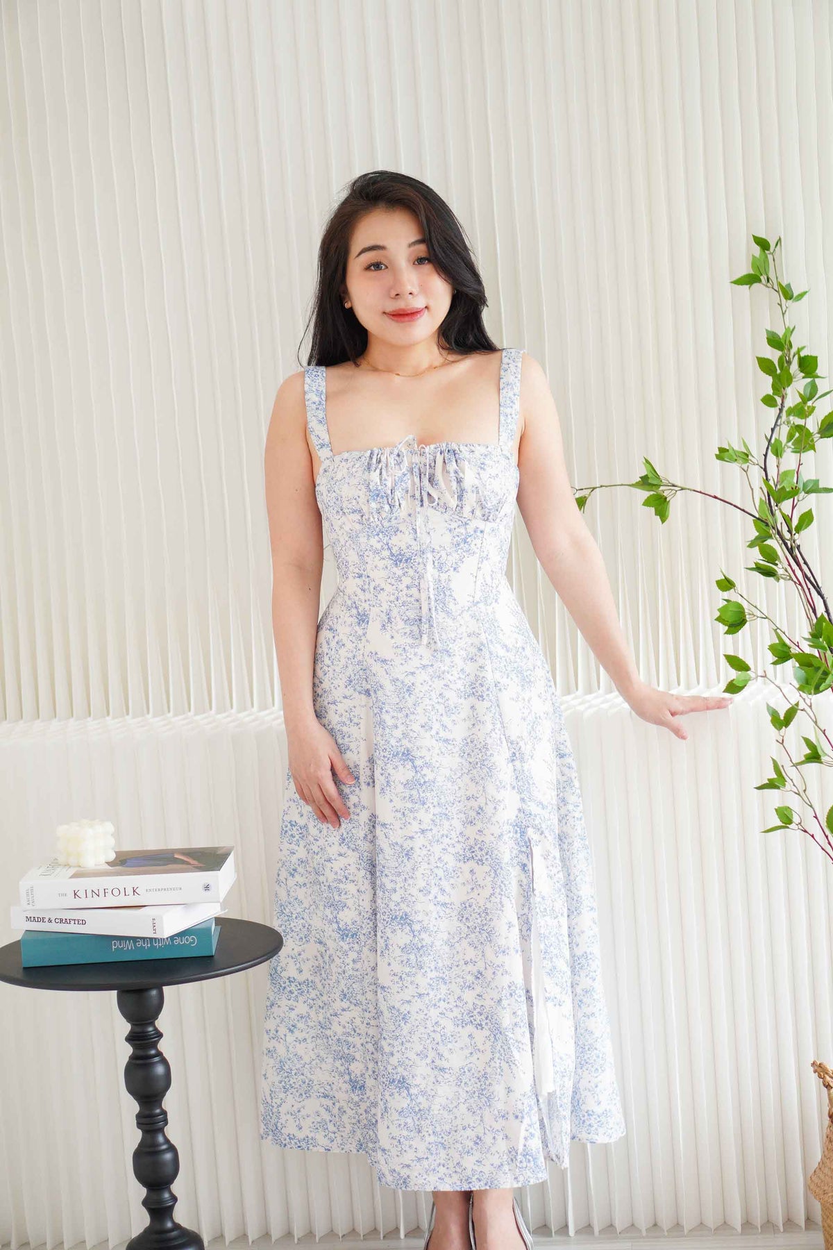 Misty Floral Corset Maxi A-Line Dress in Blue and White
