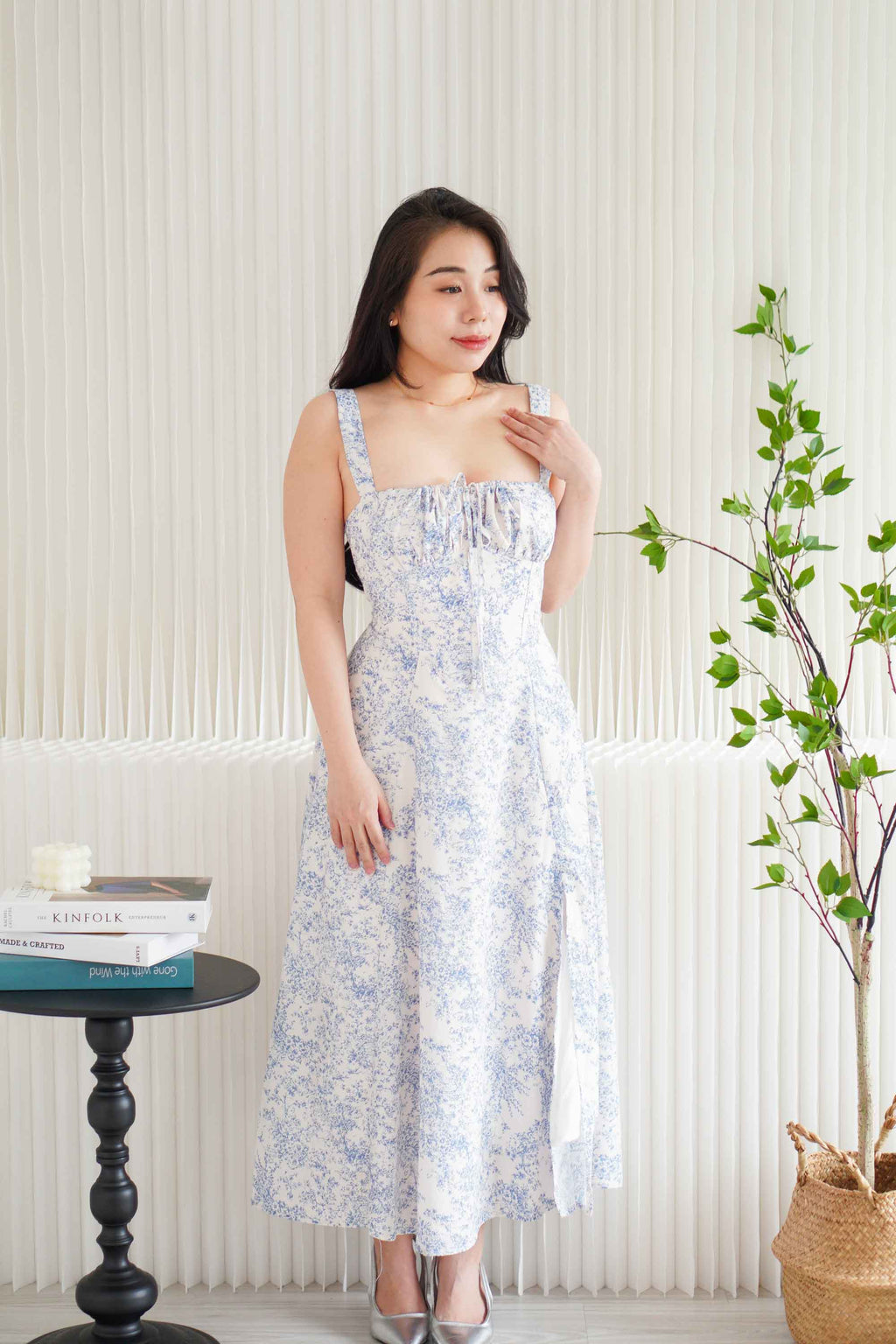 Misty Floral Corset Maxi A-Line Dress in Blue and White
