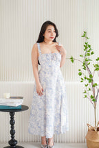 Misty Floral Corset Maxi A-Line Dress in Blue and White