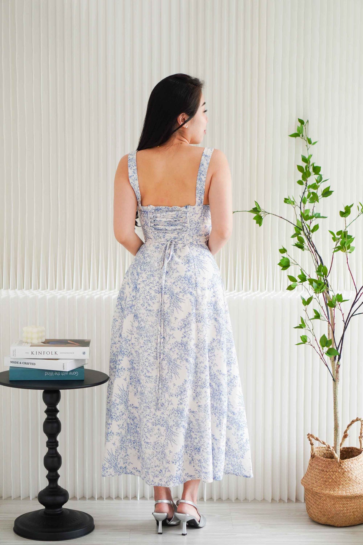 Misty Floral Corset Maxi A-Line Dress in Blue and White