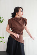 Rowena High Neck Padded Shoulder Top in Brown