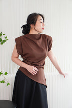 Rowena High Neck Padded Shoulder Top in Brown