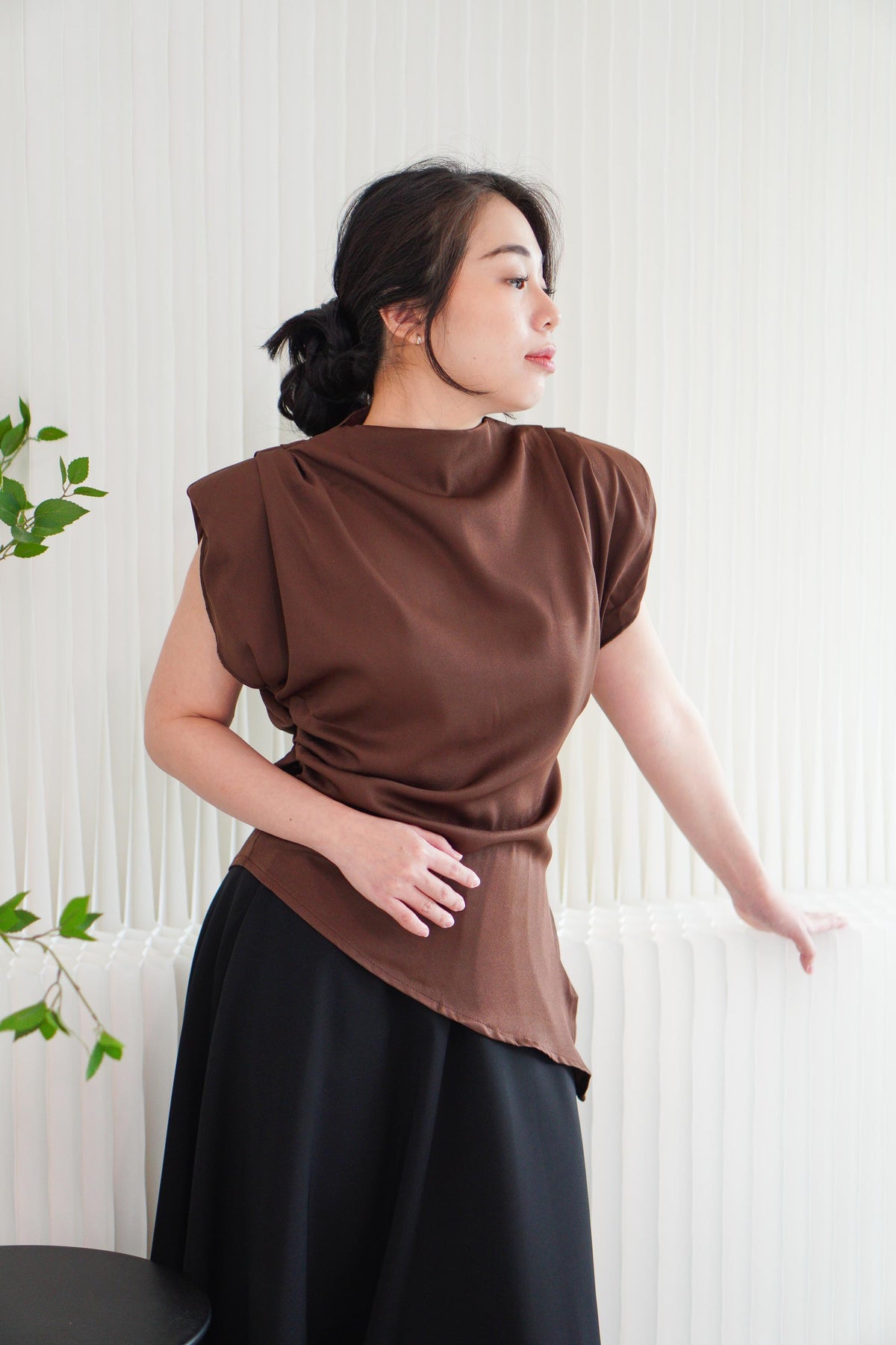 Rowena High Neck Padded Shoulder Top in Brown