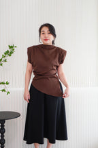 Rowena High Neck Padded Shoulder Top in Brown