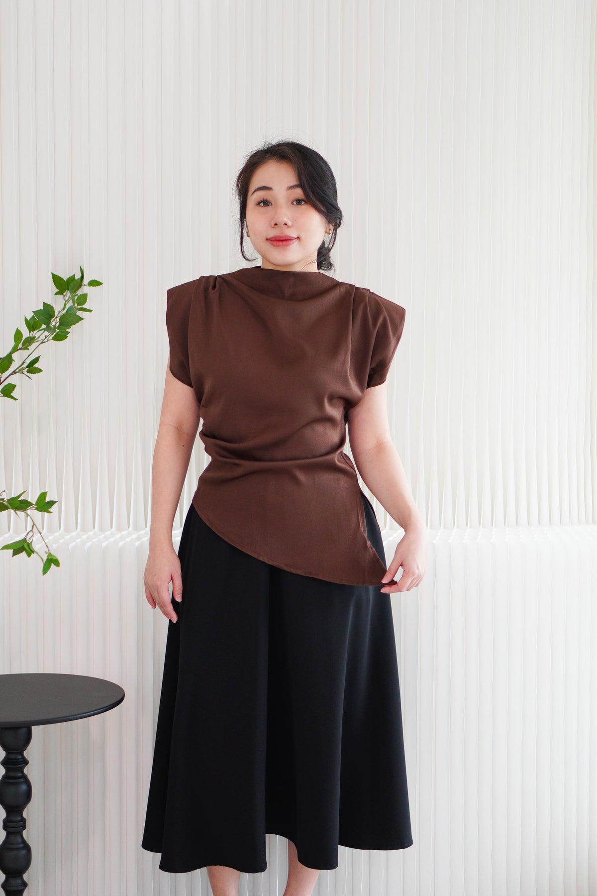 Rowena High Neck Padded Shoulder Top in Brown