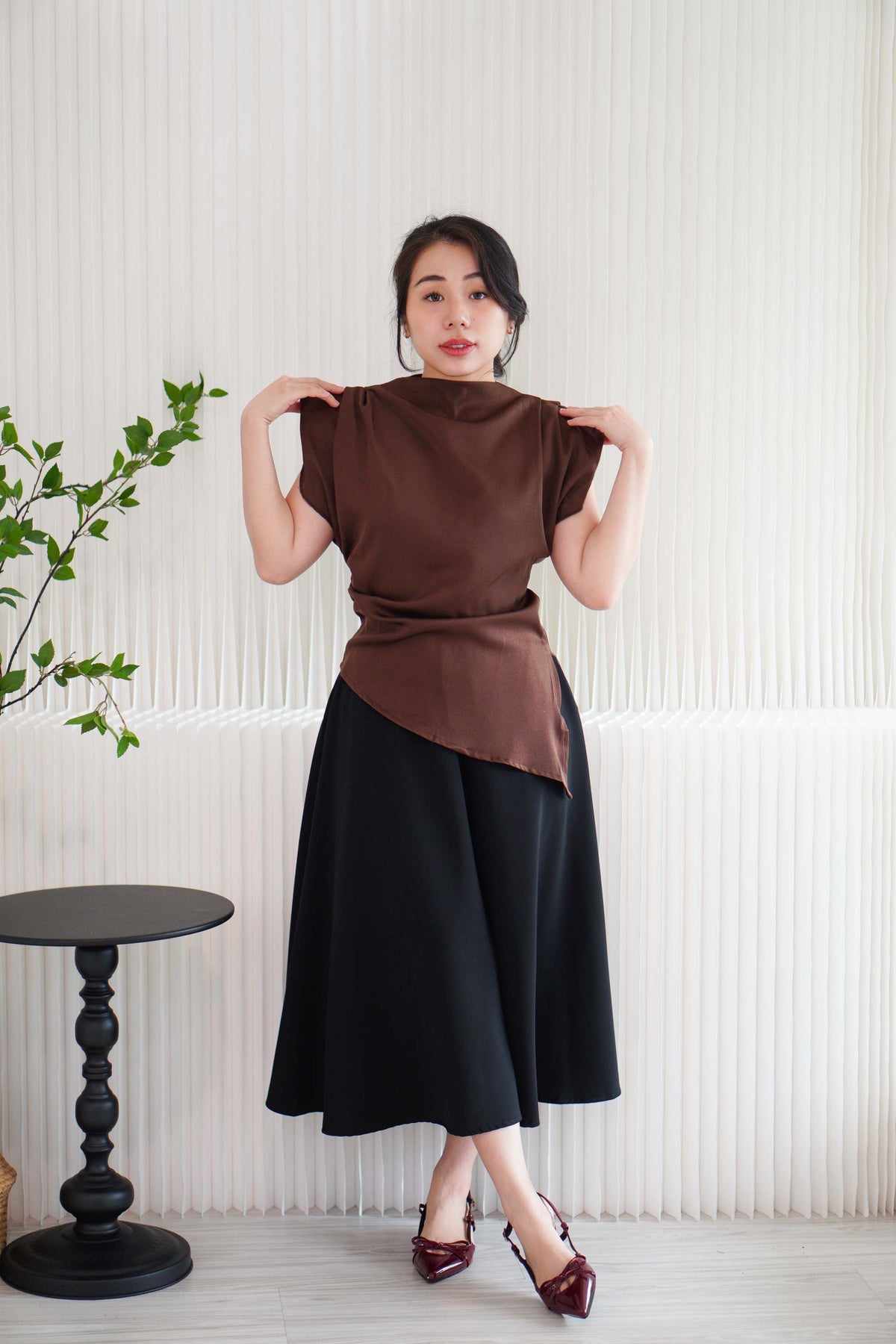 Rowena High Neck Padded Shoulder Top in Brown