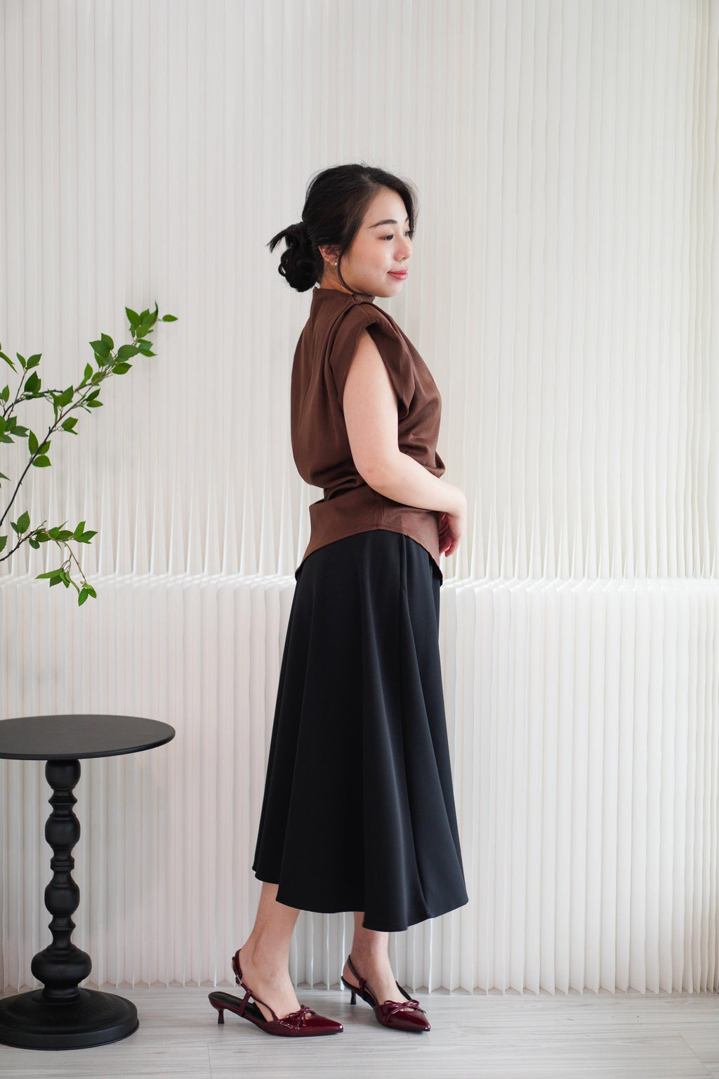 Rowena High Neck Padded Shoulder Top in Brown