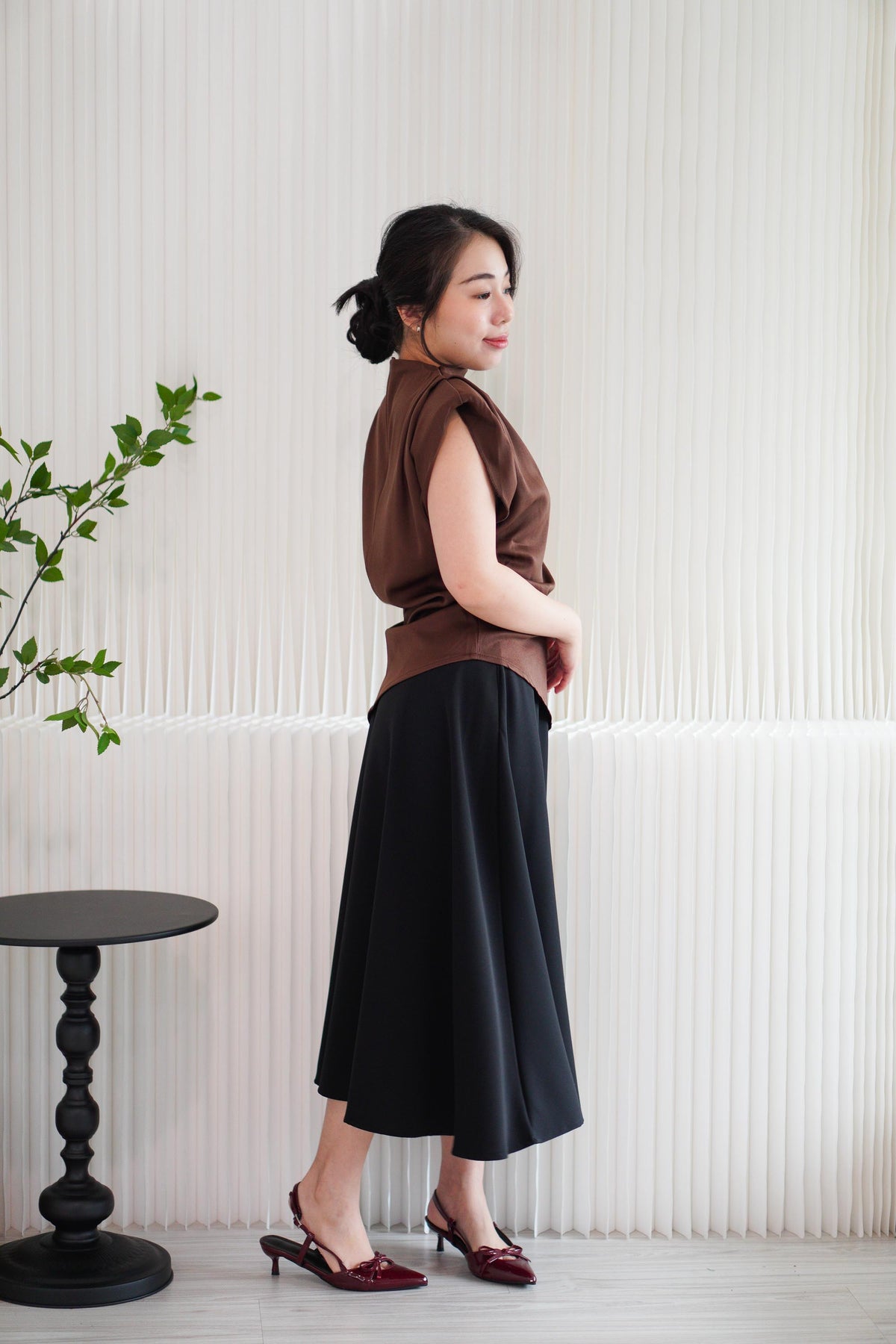 Rowena High Neck Padded Shoulder Top in Brown