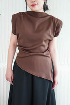 Rowena High Neck Padded Shoulder Top in Brown