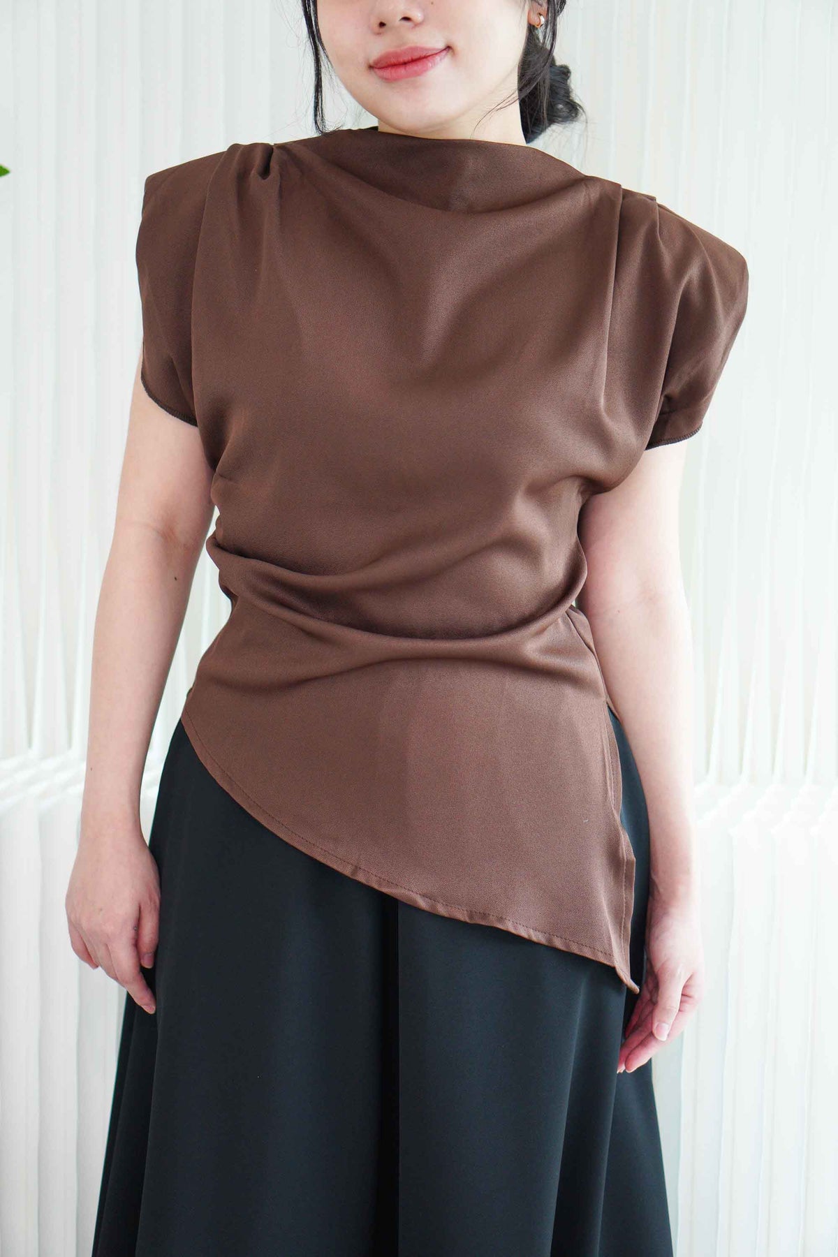 Rowena High Neck Padded Shoulder Top in Brown