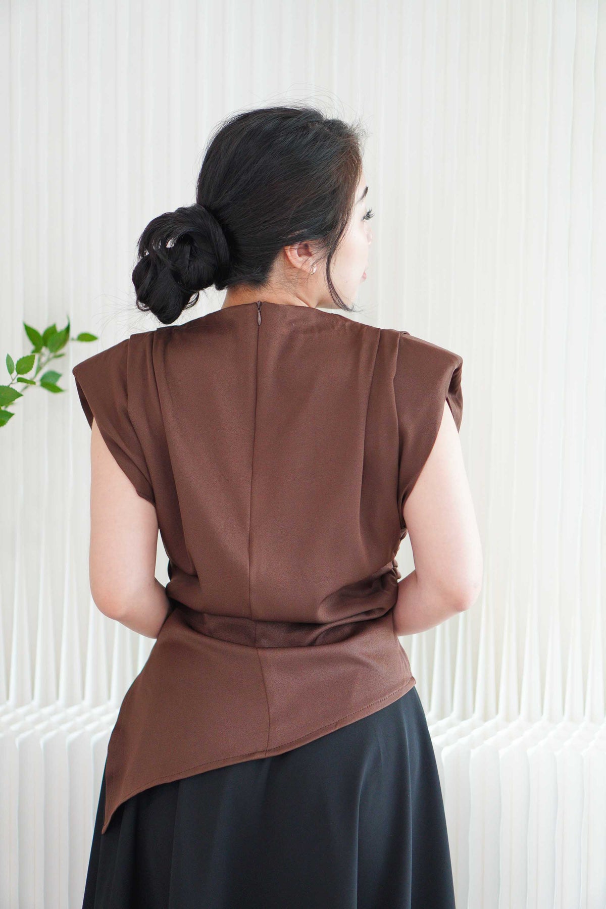 Rowena High Neck Padded Shoulder Top in Brown