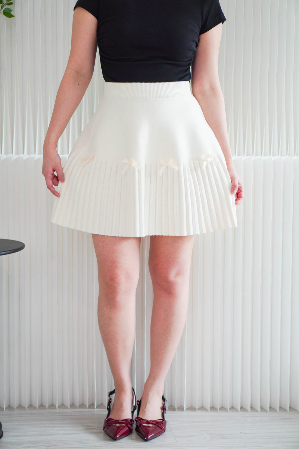 (BACKORDER) Gigi Pleated Knit Skirt with Ribbon in Cream