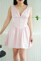 Blush Me V Neck Corset Satin Mini Dress in Pink