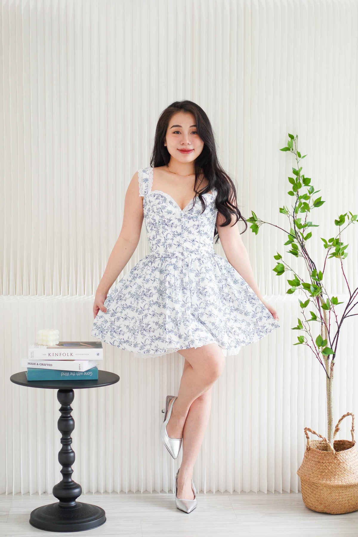 Fairy in The Woods Floral Lace Bustier Mini Dress in White and Blue