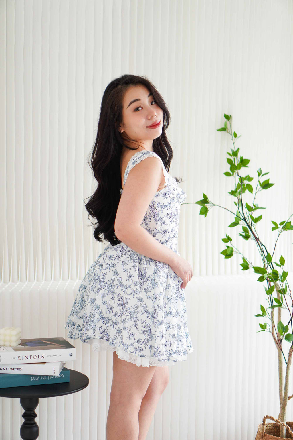 Fairy in The Woods Floral Lace Bustier Mini Dress in White and Blue