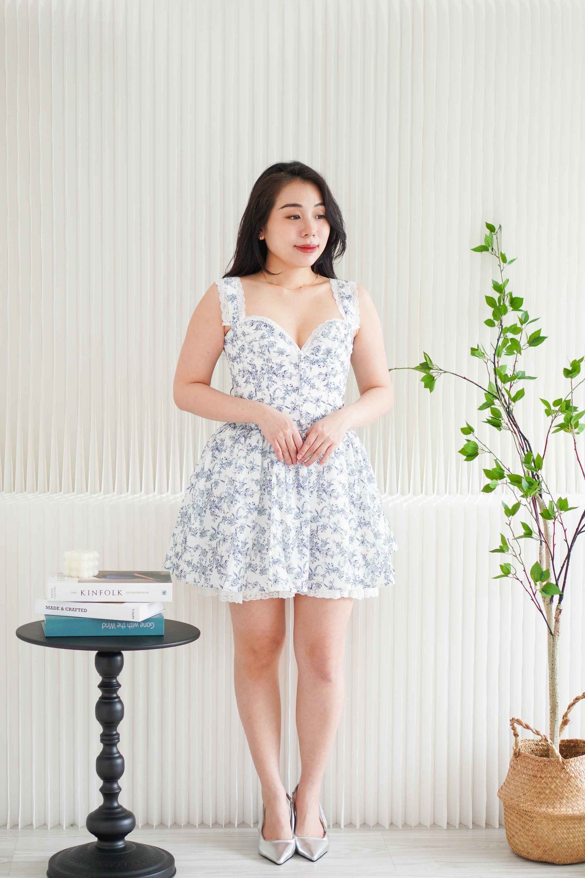 Fairy in The Woods Floral Lace Bustier Mini Dress in White and Blue