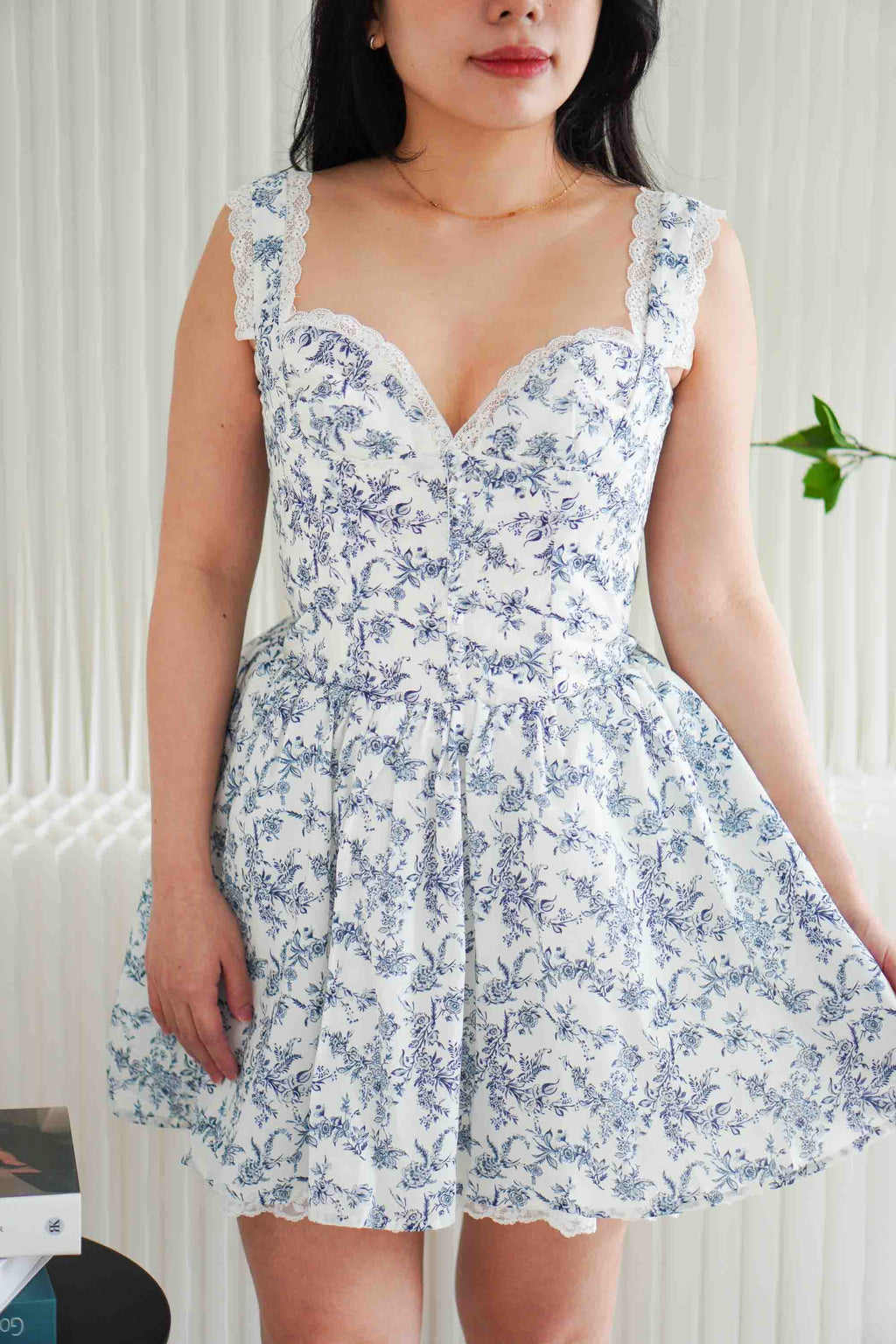 Fairy in The Woods Floral Lace Bustier Mini Dress in White and Blue
