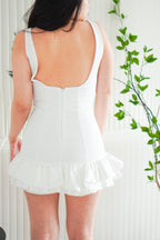 Snowfall Serenade Mini Boat Neck Dress with Ruffles in White