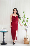 Yvaine Padded Sequin Maxi Dress with Slit in Maroon