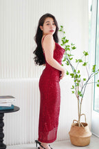 Yvaine Padded Sequin Maxi Dress with Slit in Maroon