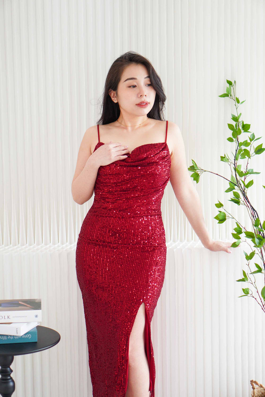 Yvaine Padded Sequin Maxi Dress with Slit in Maroon